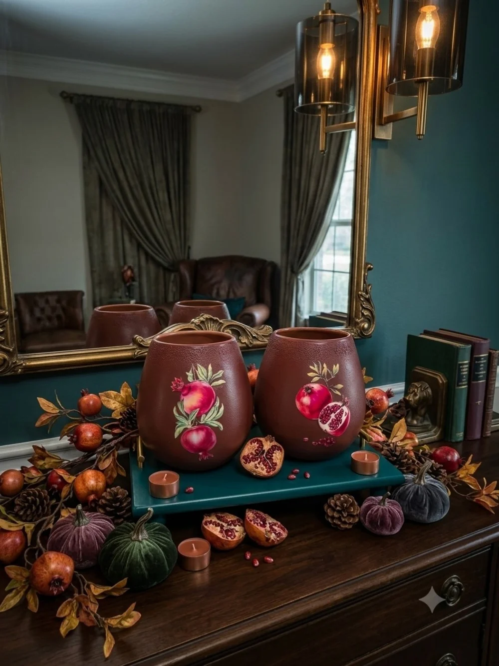 Pair of ceramic pomegranate decorative jars/vases Reddish-brown finish